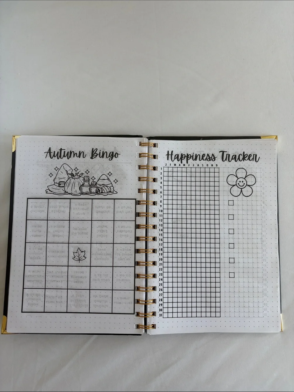 Bullet Journal Game Spiral Notebook in Black with Colored Pencils